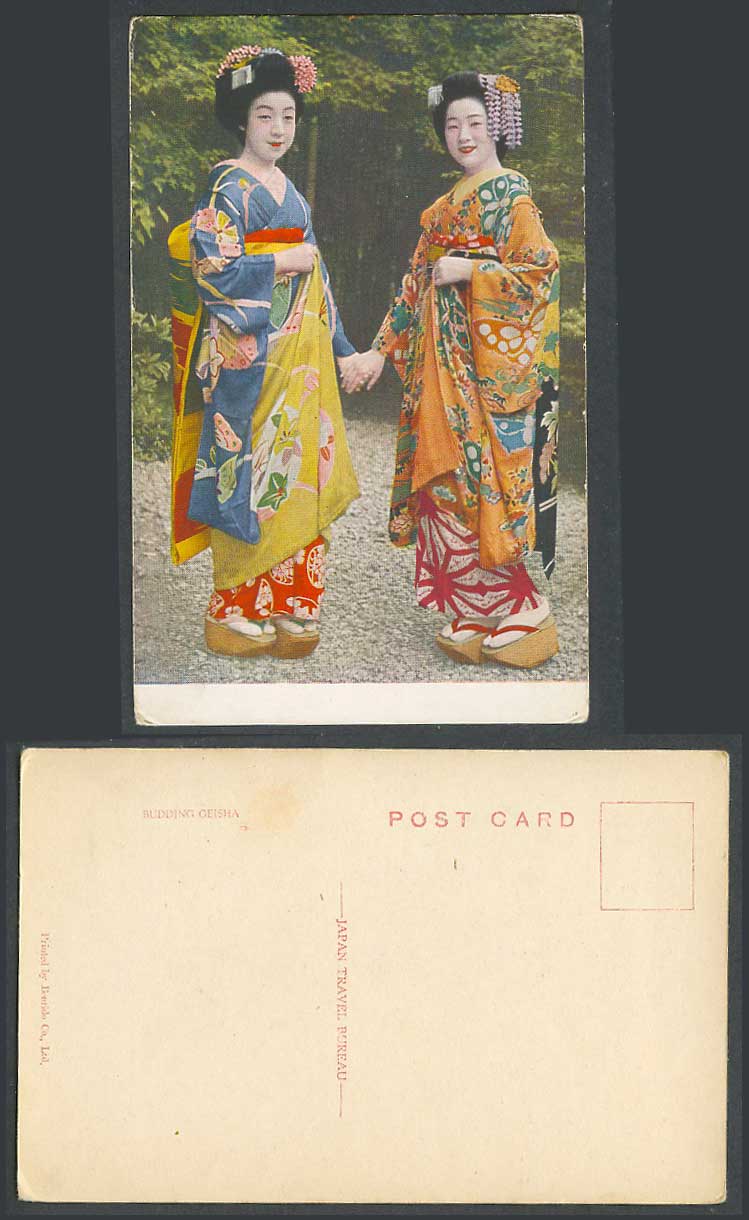 Japan c.1930 Old Colour Postcard Budding Geisha Girls Ladies Women Holding Hands