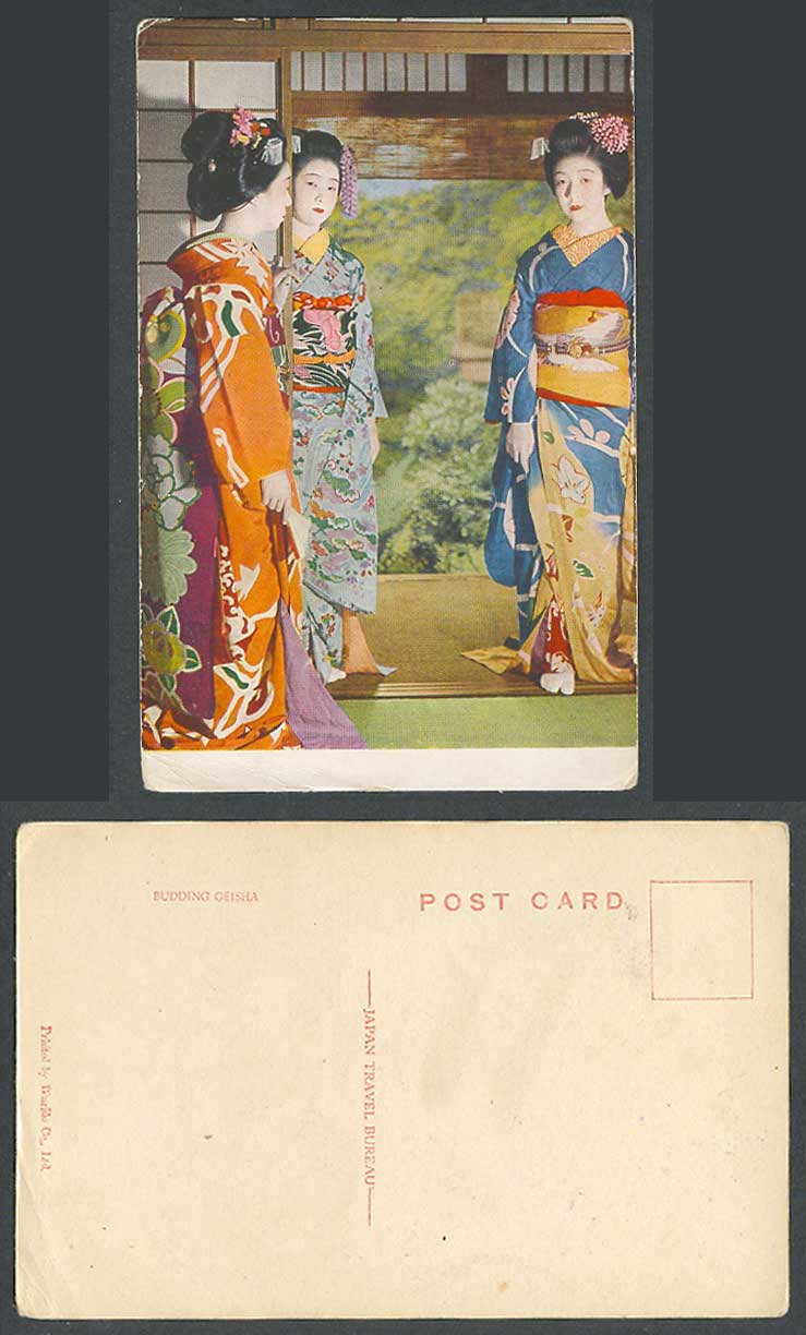 Japan c.1930 Old Postcard Budding Geisha Girls Ladies Women, Sliding Door Kimono