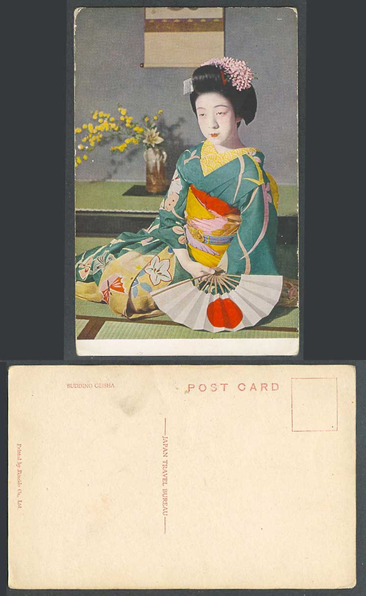 Japan c1930 Old Colour Postcard Budding Geisha Girl Lady Woman Japanese Flag Fan