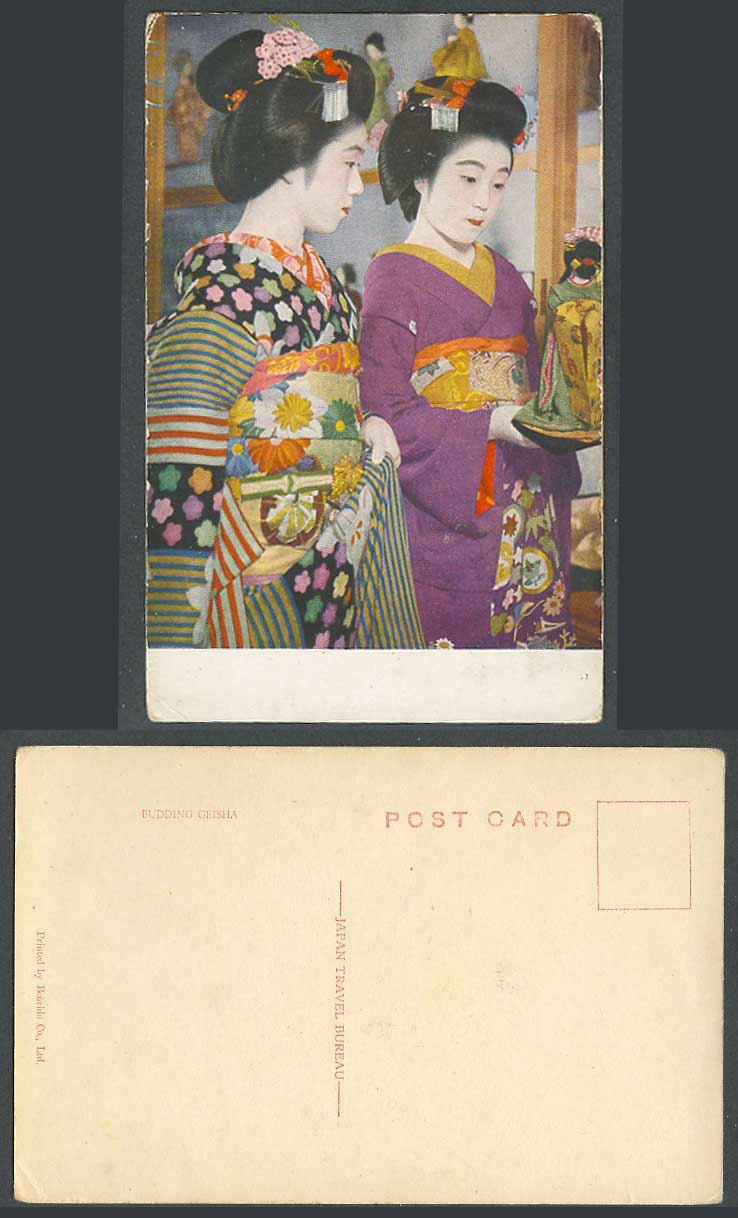 Japan c.1930 Old Colour Postcard Budding Geisha Girls Ladies Women & Doll Kimono