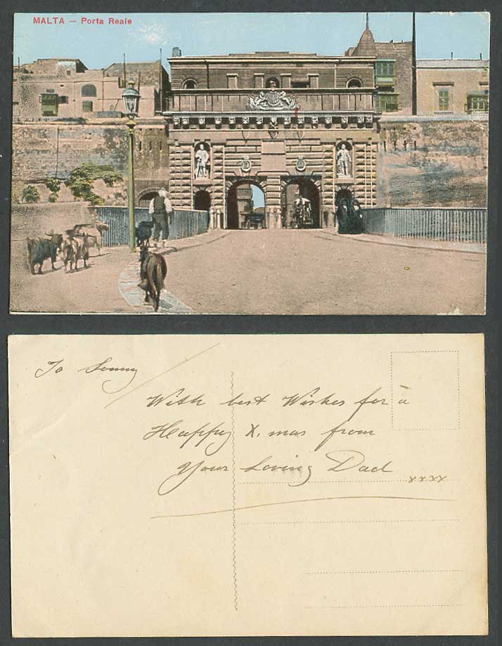 Malta Old Colour Postcard Valletta PORTA REALE GATE Goat Shepherd Women Faldetta