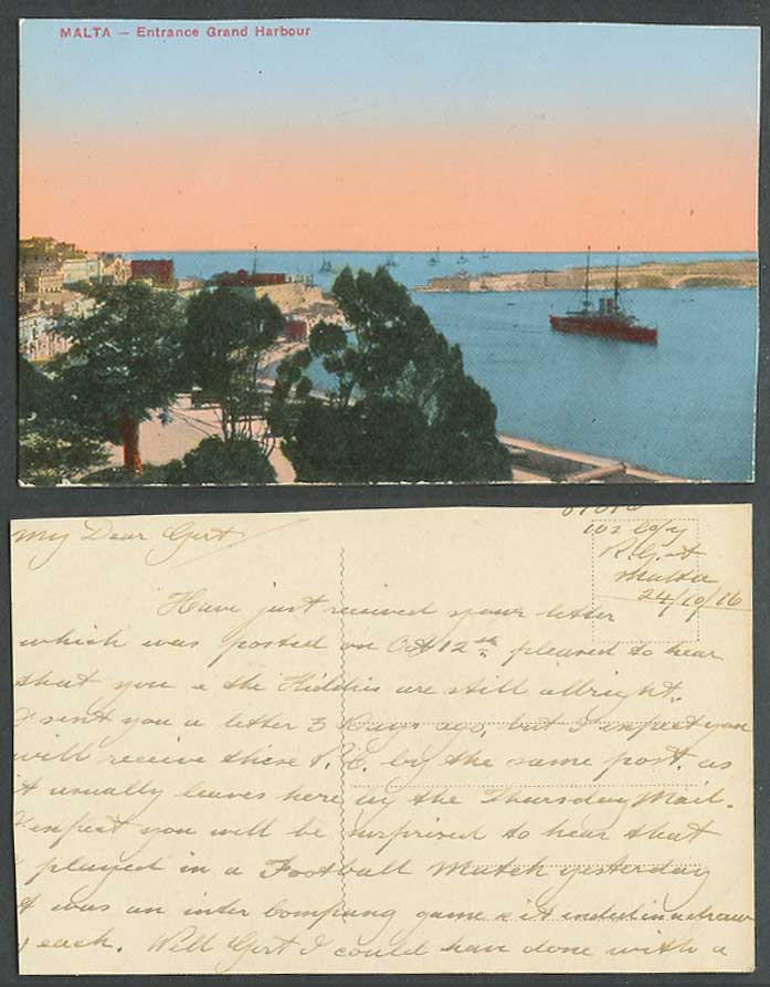 Malta 1916 Old Color Postcard Entrance Grand Harbour Warship Battleship Panorama