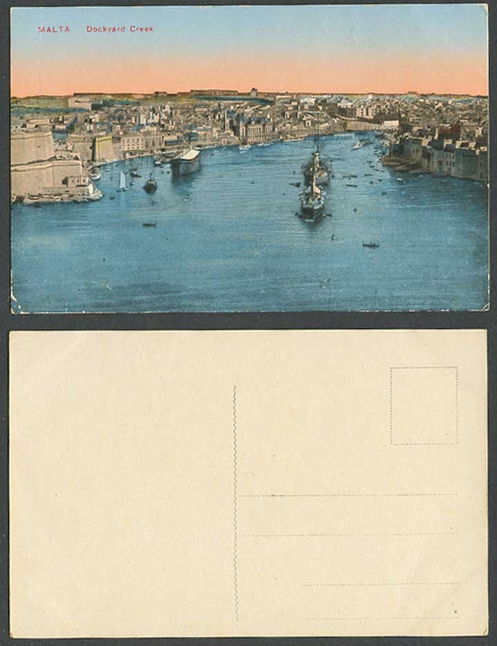 Malta Old Colour Postcard Dockyard Creek Valletta, Panorama Ships Boats Warships