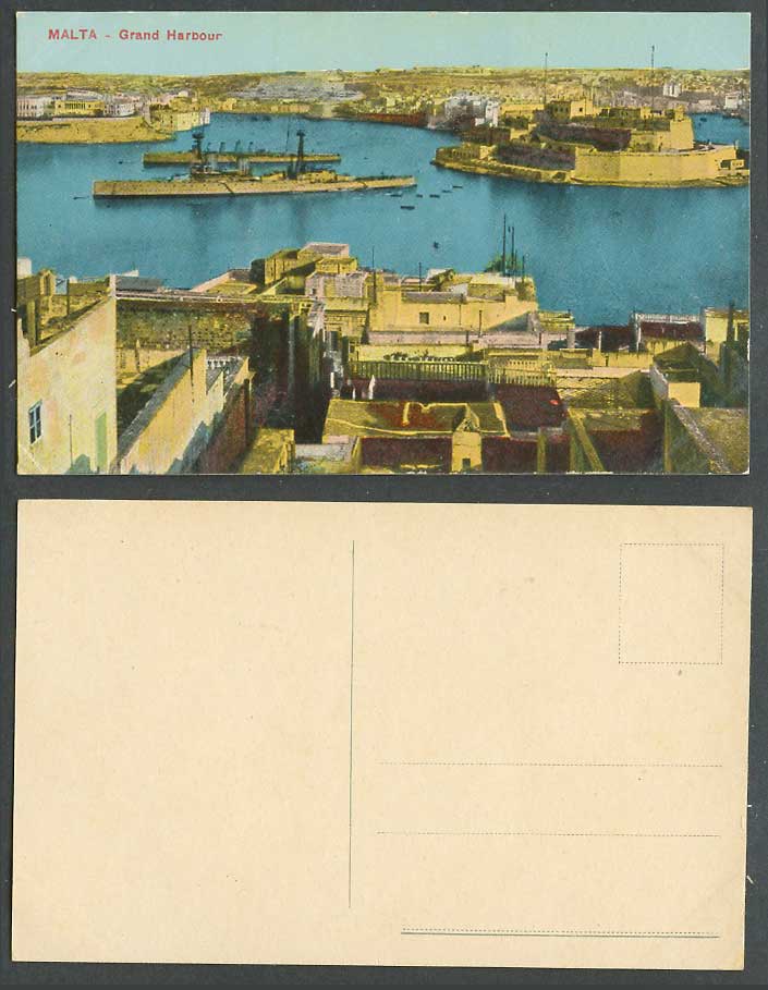 Malta Maltese Old Colour Postcard Grand Harbour Warships Ships Fort and Panorama
