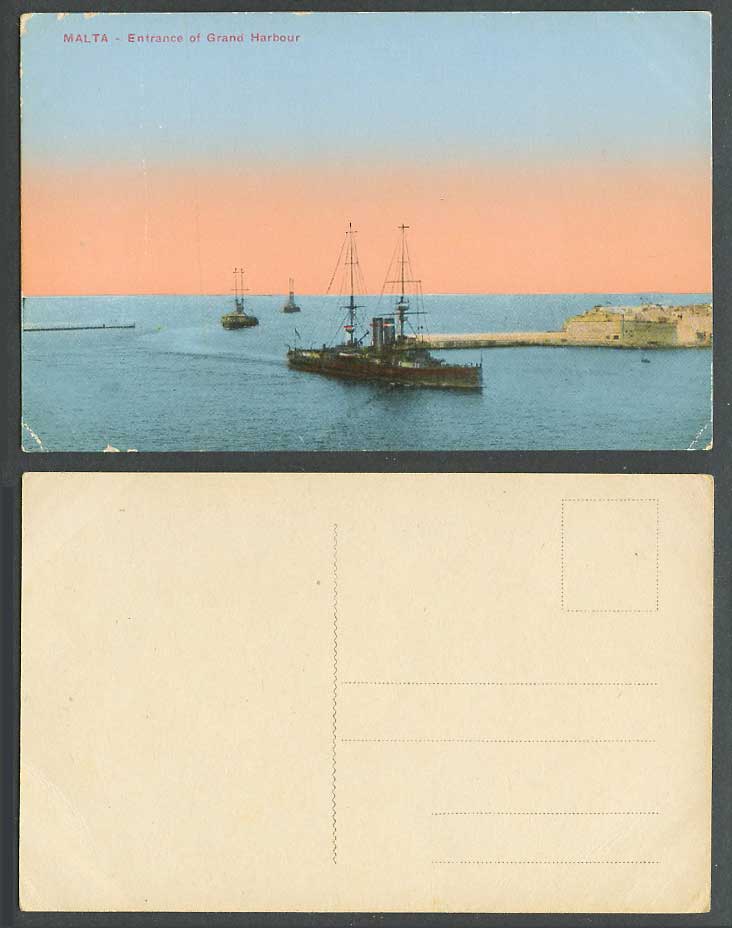 Malta Maltese Old Colour Postcard Entrance of Grand Harbour Warships Steam Ships