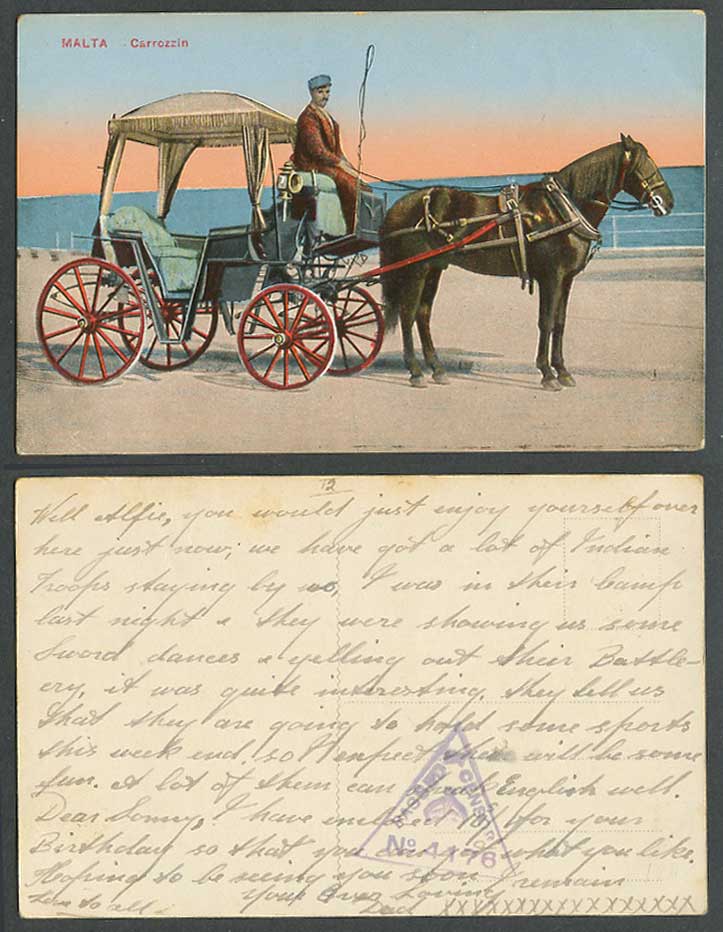 Malta Censored Passed Censor 4176 Old Color Postcard CARROZZIN Horse Cart Driver