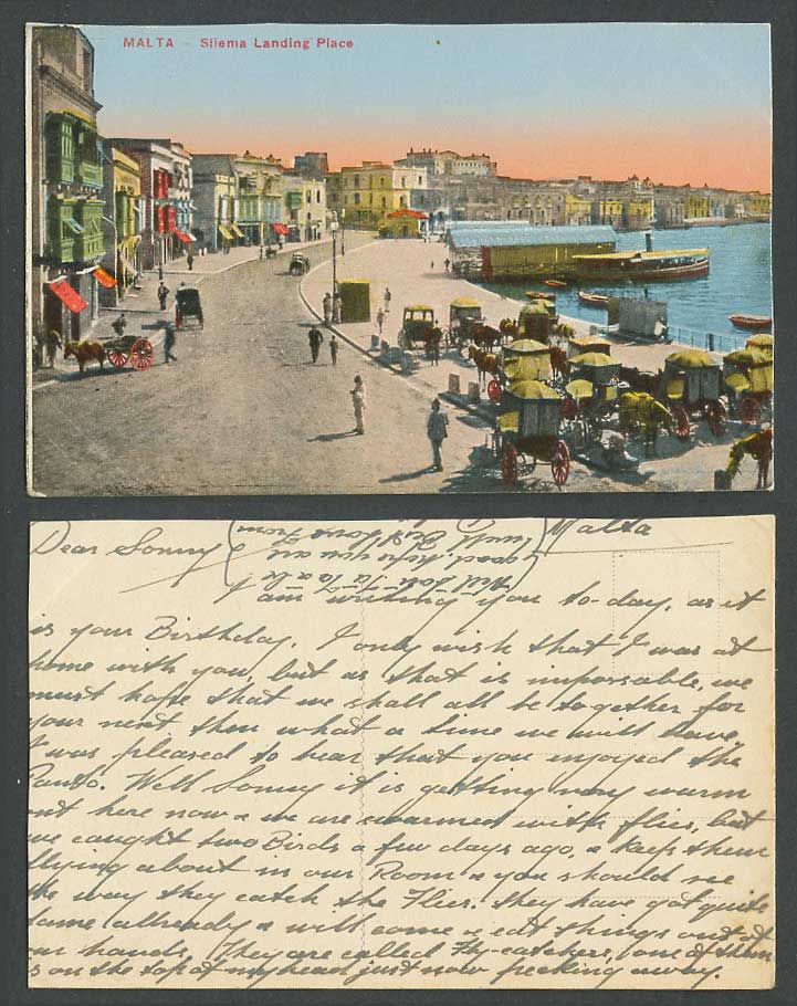 Malta Old Colour Postcard SLIEMA Landing Place Street Scene Boats Harbour Carts