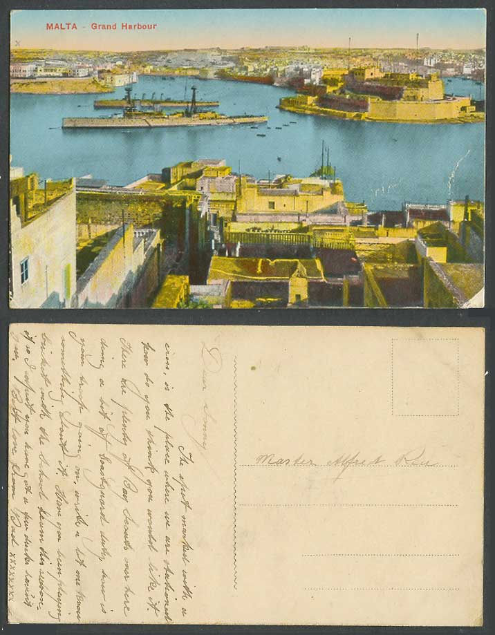 Malta Old Colour Postcard Grand Harbour, Warships Ships St. Angelo Fort Panorama