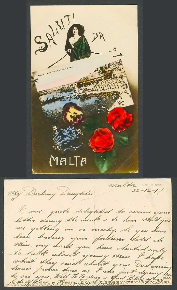Malta 1917 Old Postcard Grand Harbour Upper Barracca Maltese Lady Woman FALDETTA