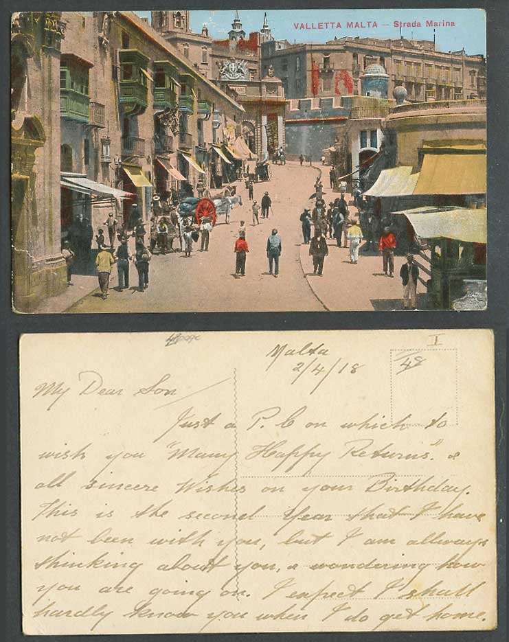 Malta 1918 Old Maltese Postcard Valletta Strada Marina, HOLE IN WALL Street Gate