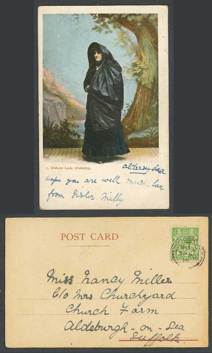 Malta 1913 Old Colour Postcard Maltese Lady Woman. FALDETTA Traditional Costumes