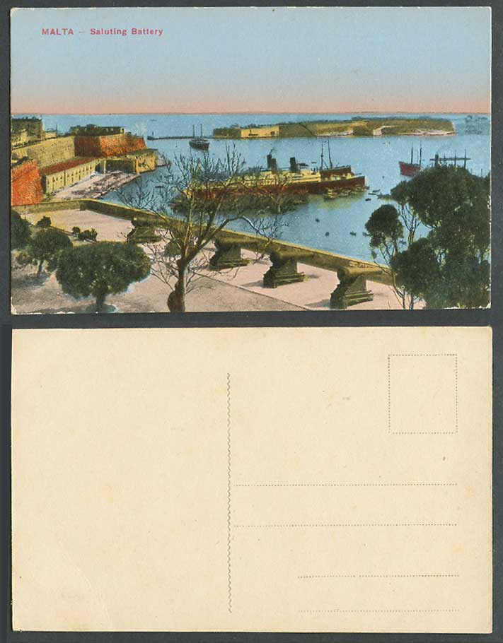 Malta Old Colour Postcard Saluting Battery Cannon Gun Steam Ships Steamers Boats