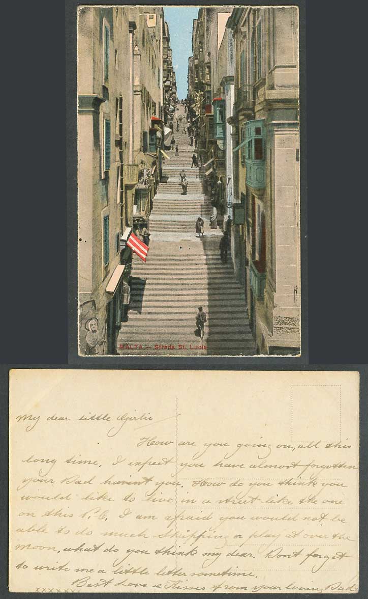 Malta Old Colour Postcard VALLETTA Strada Santa St. Lucia Street Scene and Steps