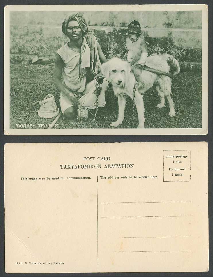 India Old Postcard Monkey Trainer, Chimpanzee Riding a Dog Puppy, Native Juggler