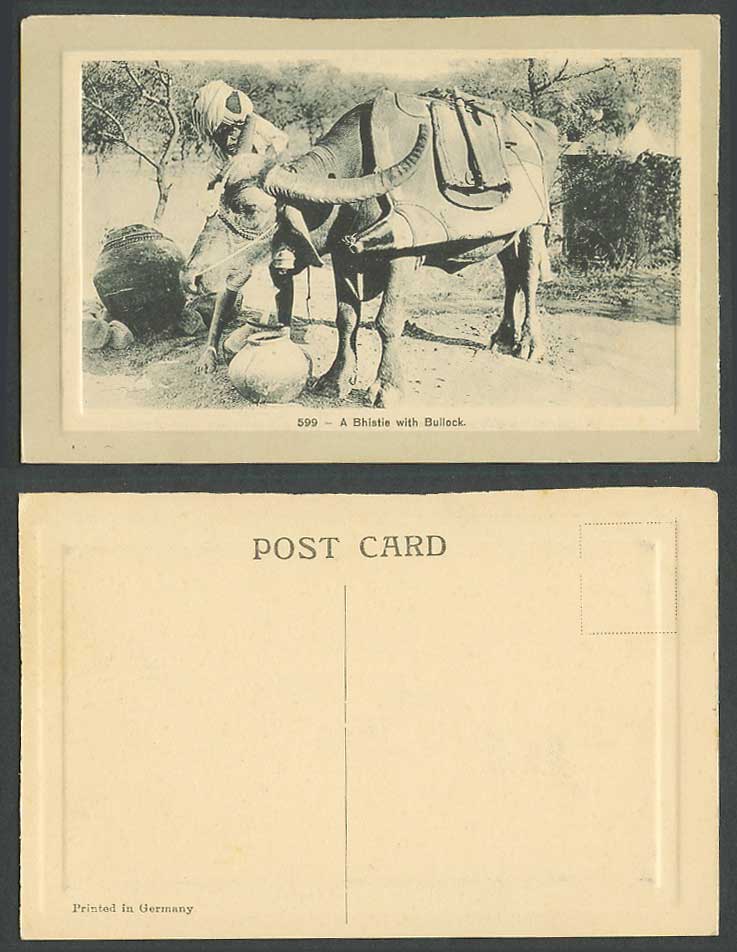 India Old Embossed Postcard A BHISTIE with Bullock, Bull Buffalo, Bell, Pots 599