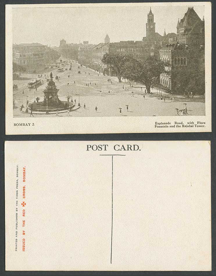 India Old Postcard Bombay Esplanade Road Floral Fountain Rajabai Tower Red Cross