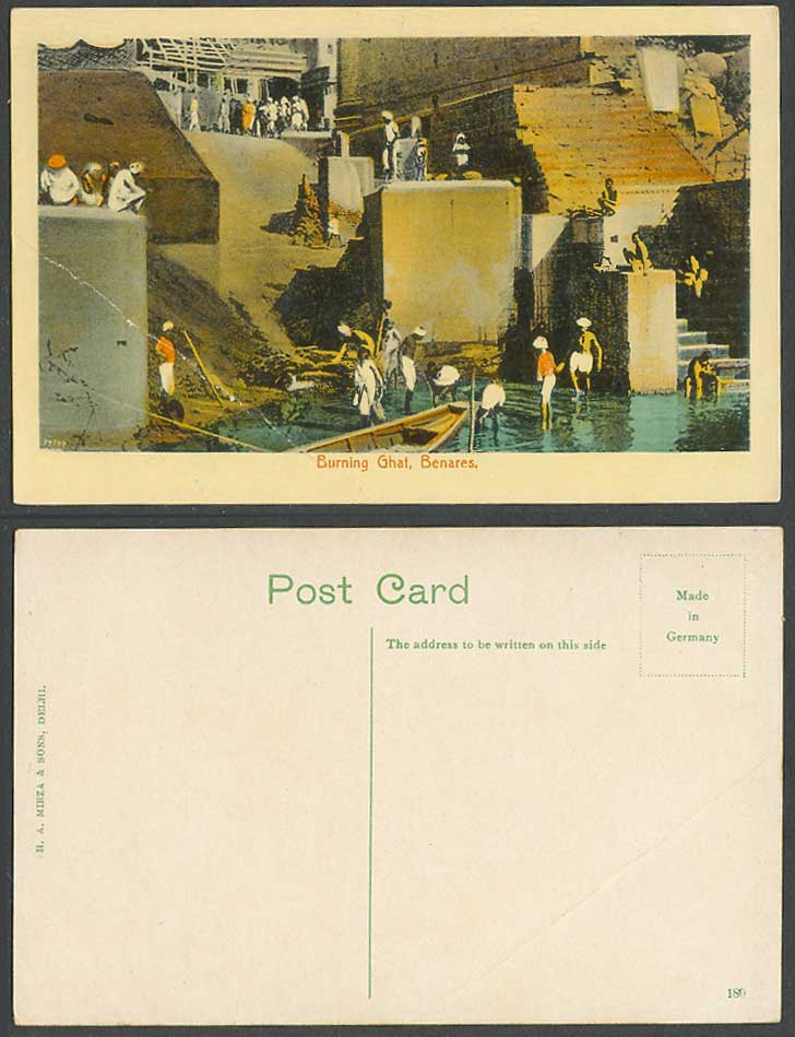 India Old Colour Postcard Burning Ghat Benares, River Boats Steps Native Bathers