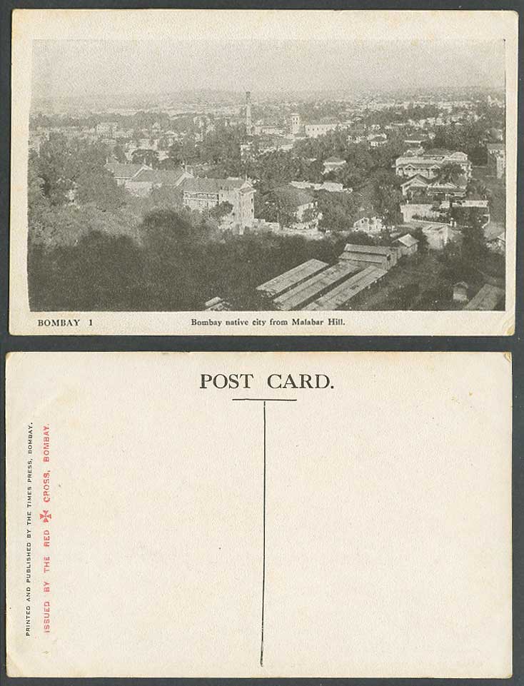 India Old Postcard Native City from Malabar Hill Bombay, Panorama, The Red Cross