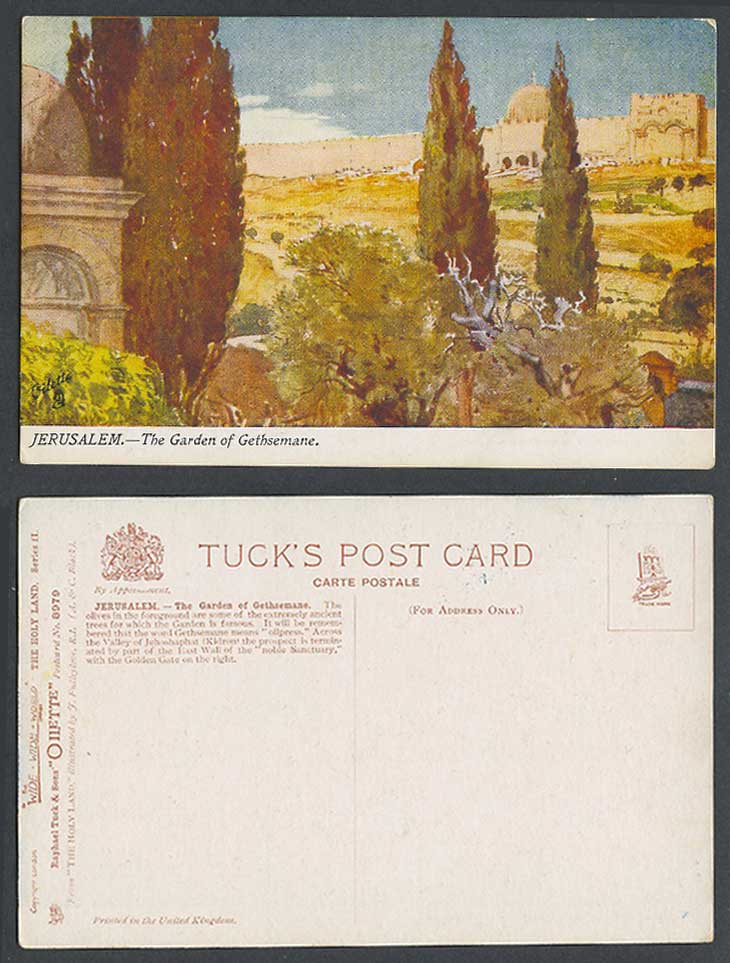 Jerusalem Old Tuck's Oilette Postcard Garden Gethsemane Olives Wall Golden Gate