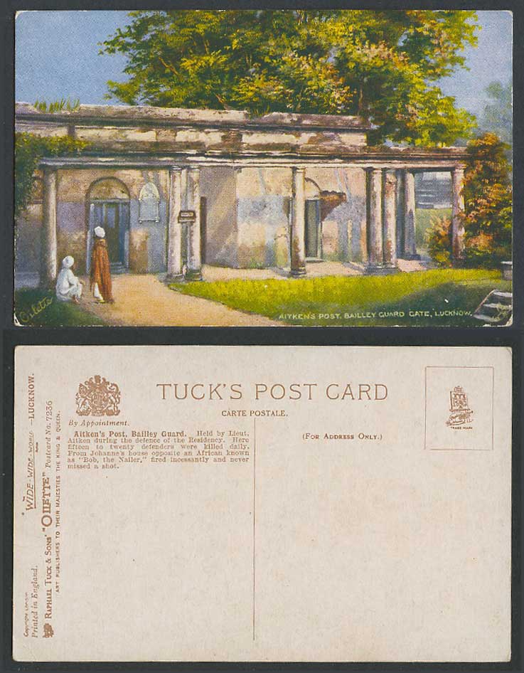India Old Tuck's Postcard Aitken's Post Bailley Guard Gate Lucknow, 2 Native Men