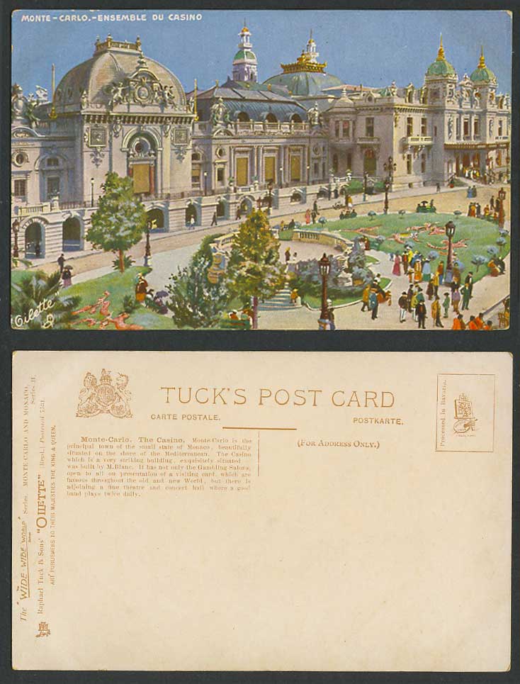 Monaco Old Tuck's Oilette Postcard Monte Carlo Casino Ensemble du Casino Gardens
