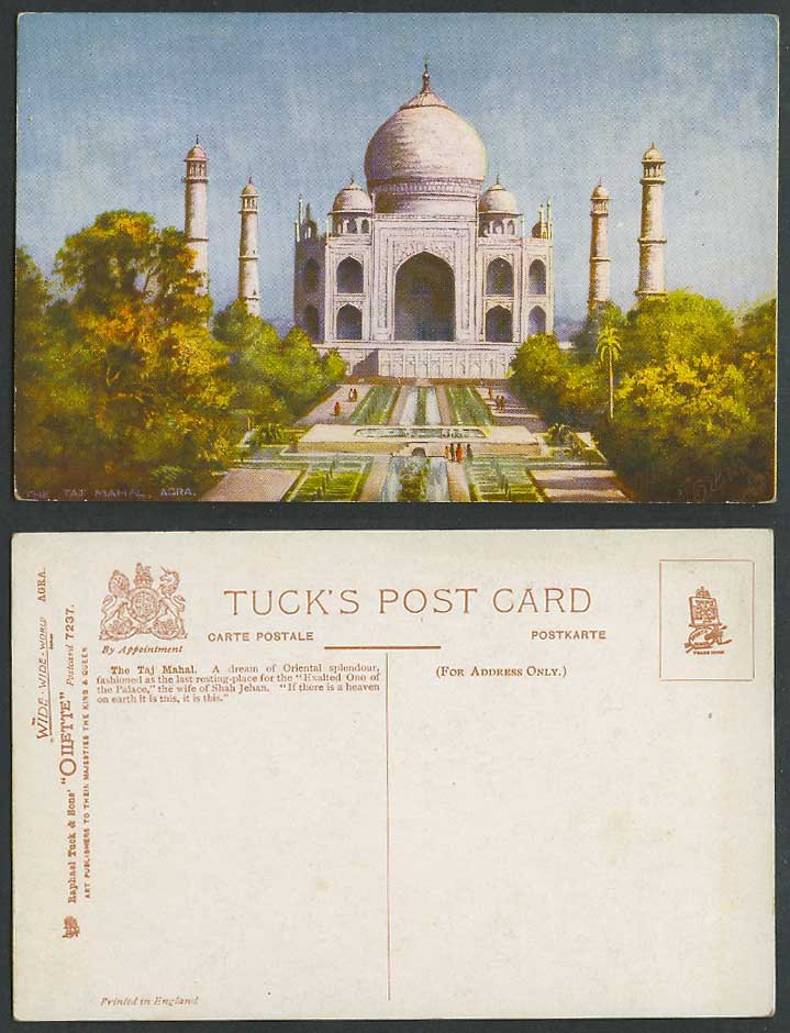 India Old Tuck's Oilette Postcard THE TAJ MAHAL Agra Fountain Gardens Palace ART