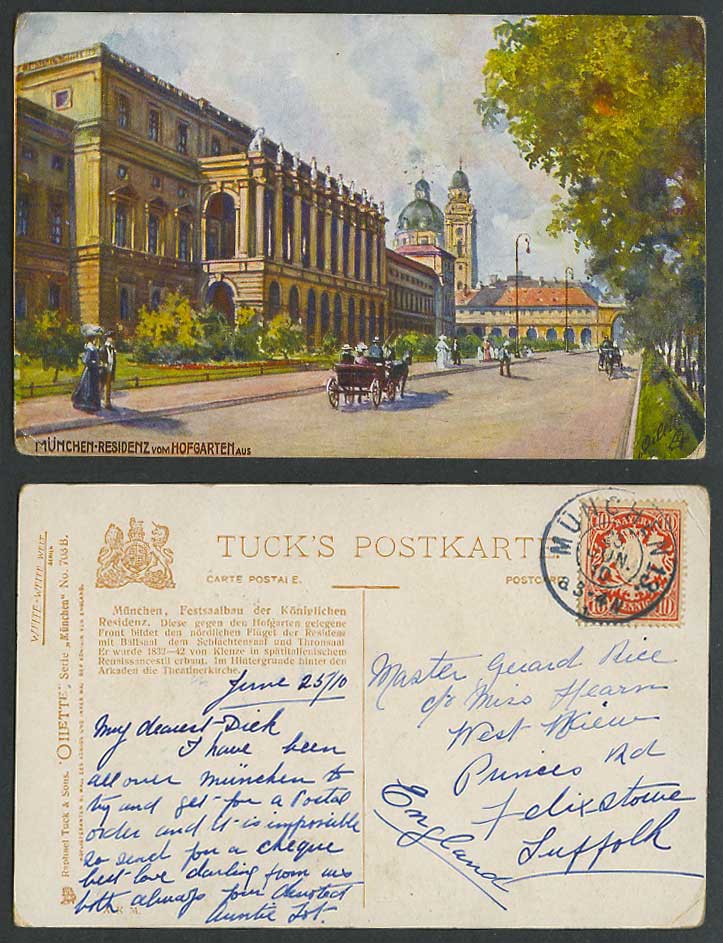 German 1910 Old Tuck's Postcard Munich Munchen Residenz vom Hofgarten aus STREET