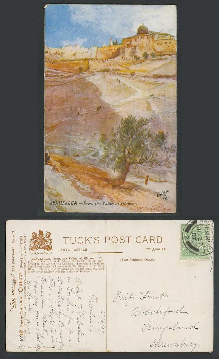 Palestine JJ Fulleylove 1907 Old Tuck's Postcard Jerusalem from VALLEY of HINNOM