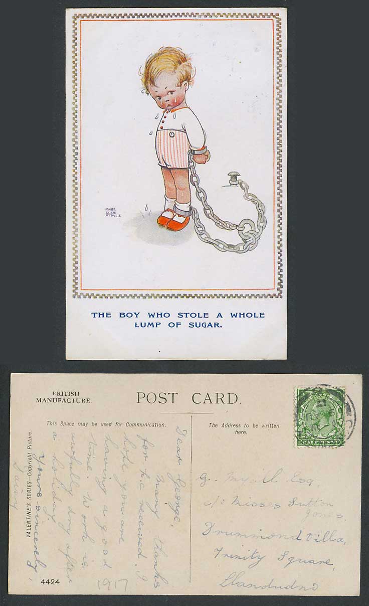 MABEL LUCIE ATTWELL 1917 Old Postcard Chained Boy Who Stole a Lump of Sugar 4424