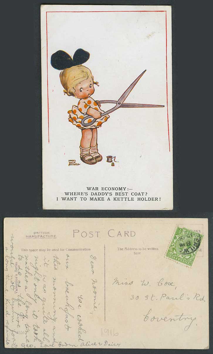 MABEL LUCIE ATTWELL 1916 Old Postcard War Economy, Dad's Coat Kettle Holder 4306