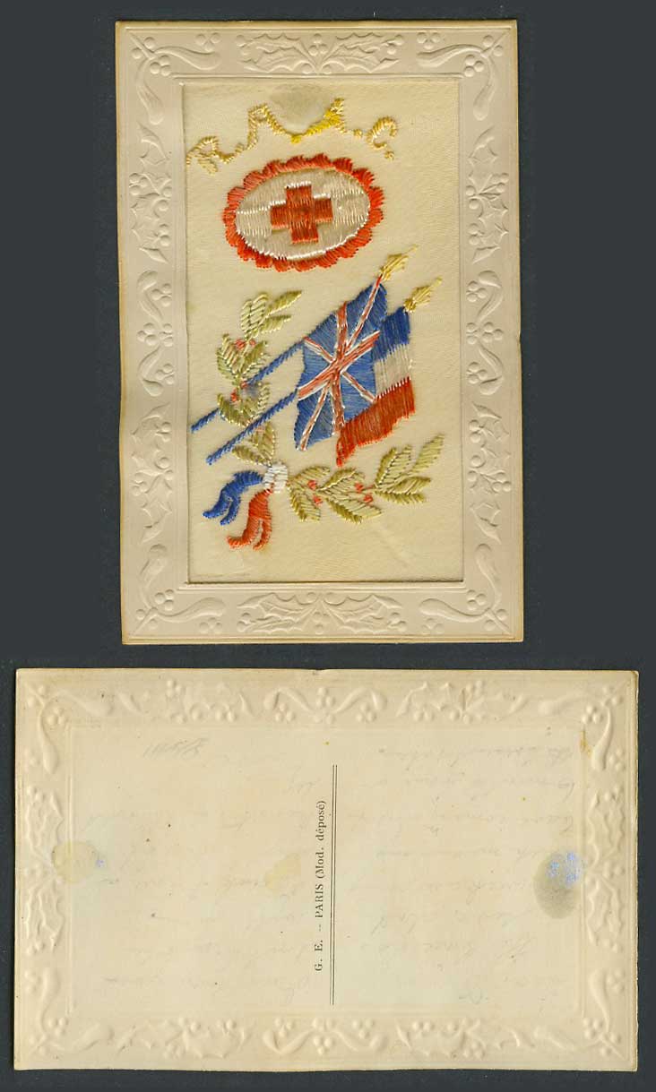 WW1 SILK Embroidered Old Postcard R.A.M.C. Royal Army Medical Corps, Red Cross