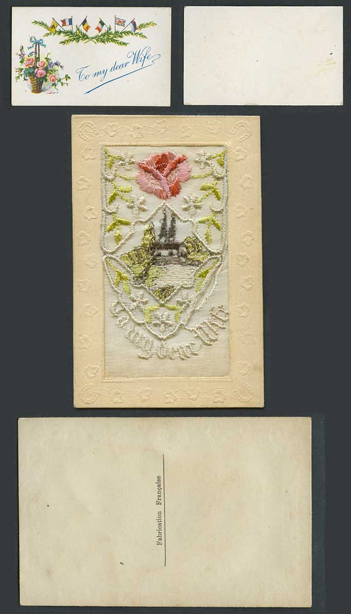 WW1 SILK Embroidered Old Postcard To My Dear Wife Card in Wallet, Flowers, Flags