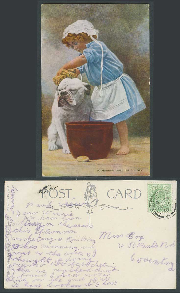 Bulldog 1910 Old Postcard Girl Bathing A Bull Dog, Soap, Tomorrow Will Be Sunday