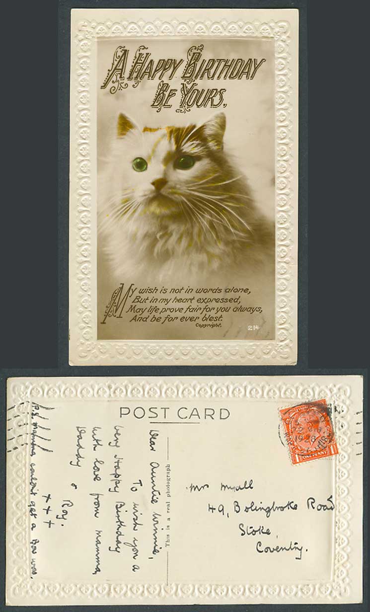 Cat Kitten with Green Eyes 1928 Old Colour Embossed Postcard A Happy Birthday