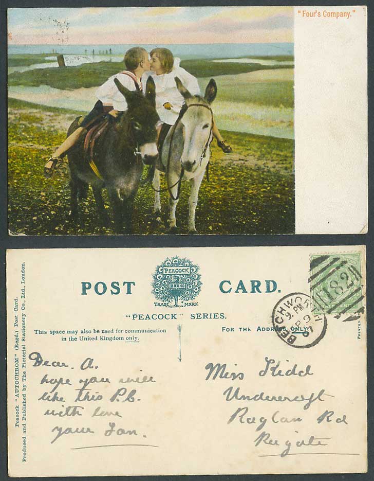 Boy Girl Kissing on Donkey Ride Beach Donkeys four's Company Old Colour Postcard