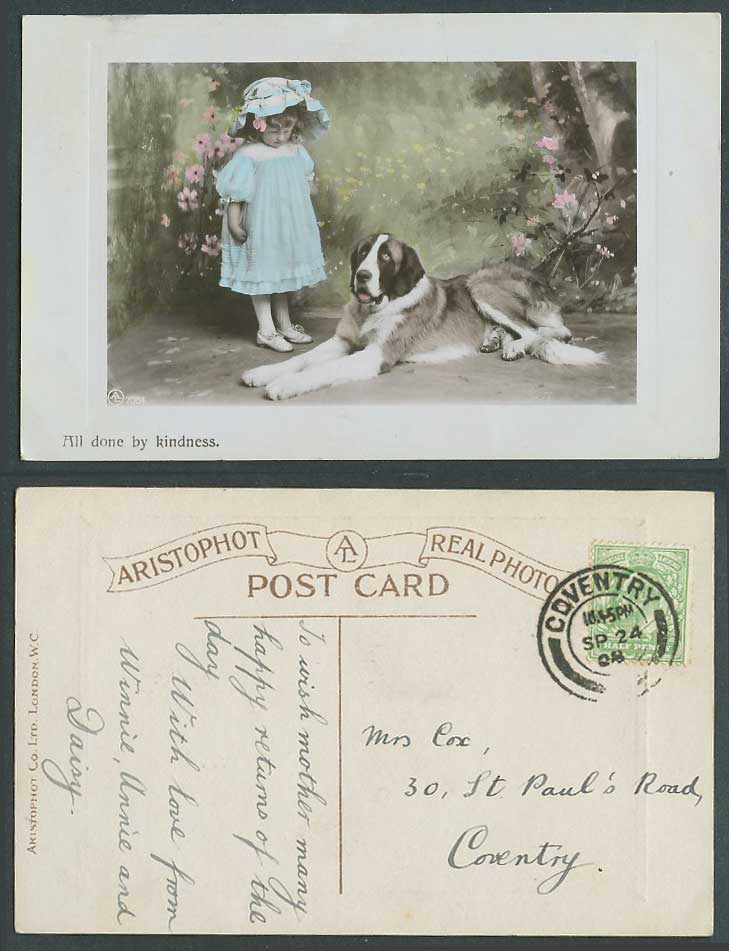 St. Bernard Dog Little Girl Flowers All Done by Kindness 1908 Old Photo Postcard