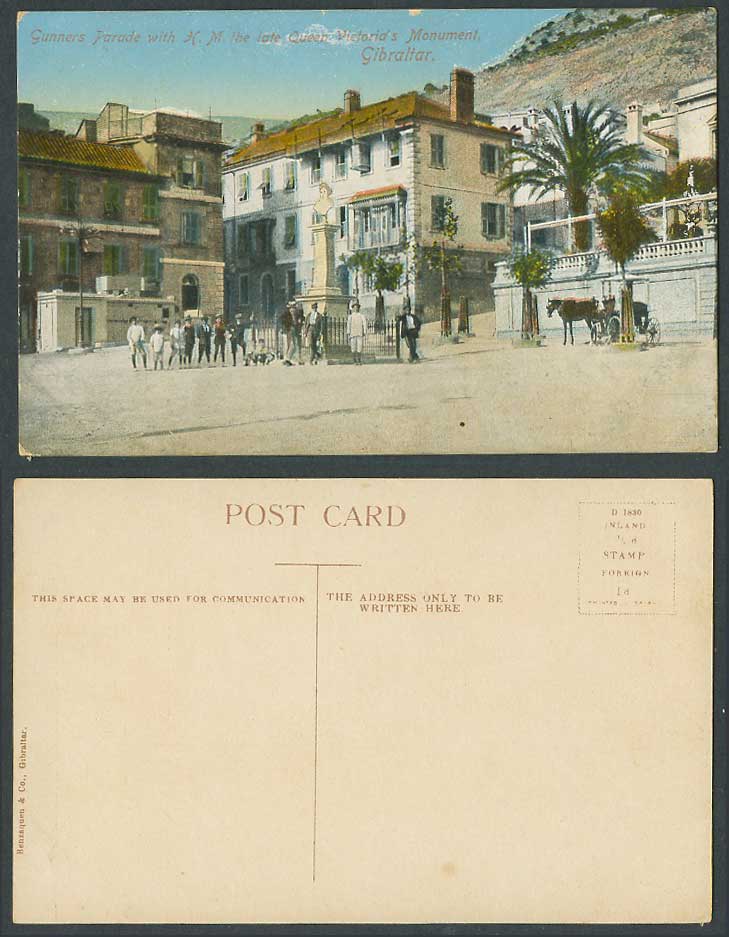 Gibraltar Old Postcard Gunners Parade H.M. Late Queen Victoria Monument Children
