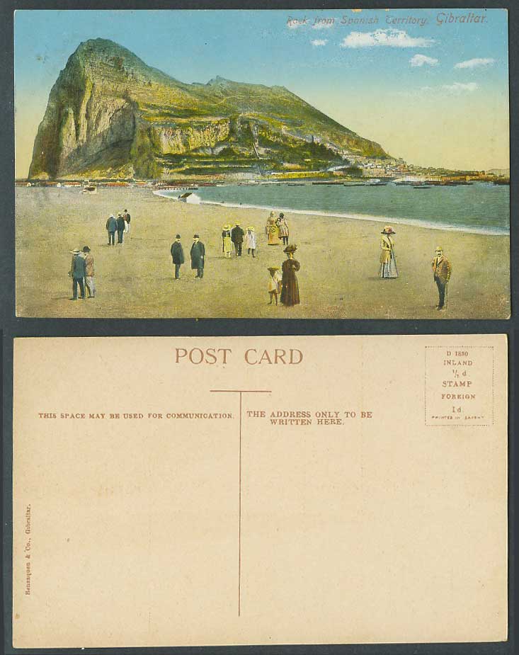 Gibraltar Old Colour Postcard The Rock from Spanish Territory Beach Ladies Girls