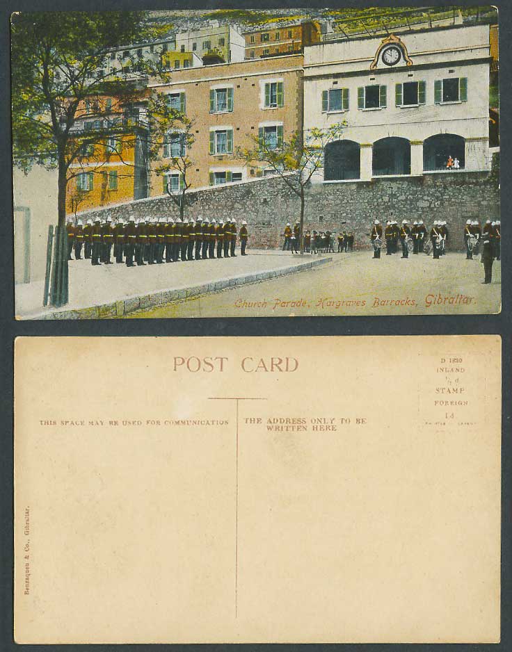 Gibraltar Old Colour Postcard Church Parade Hargraves Barracks, Music Band Clock