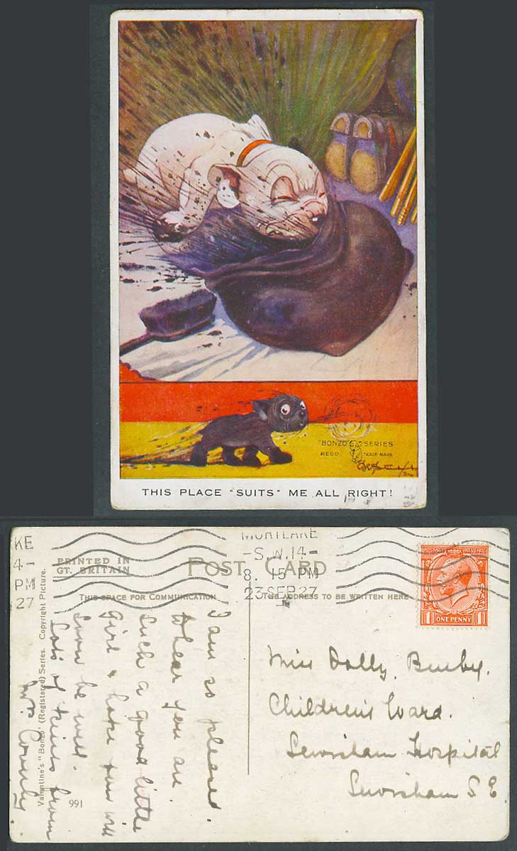 BONZO DOG GE Studdy 1927 Old Postcard Place Suits Me All Right! Dog in Black 991