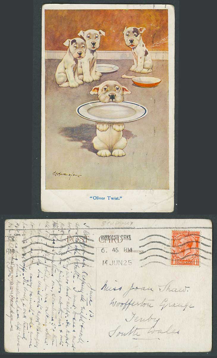 BONZO DOG G.E. Studdy 1925 Old Postcard OLIVER TWIST Plates Bone Puppy Dogs 1008