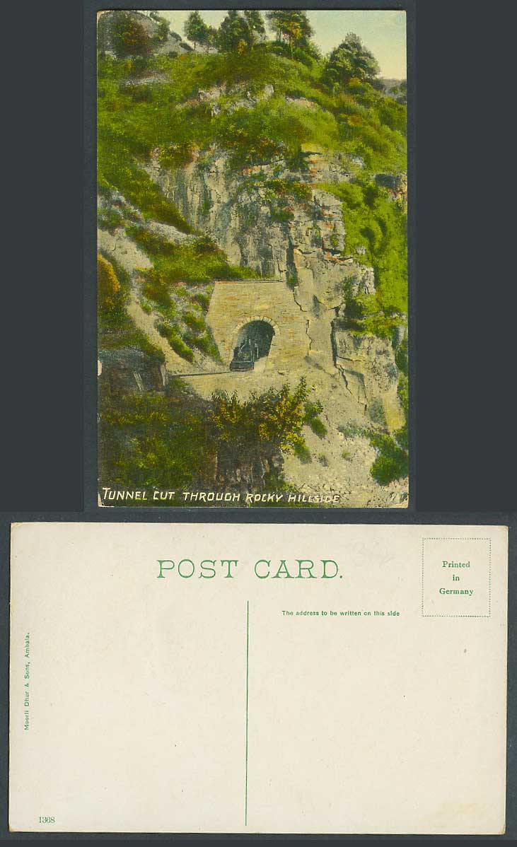India Old Color Postcard Tunnel Cut Through Rocky Hillside Locomotive Train 1368