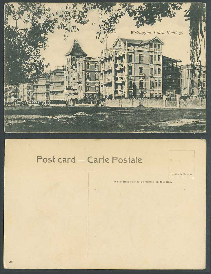 India Old Postcard Wellington Lines Bombay, Buildings Gardens Gate Gates No. 22