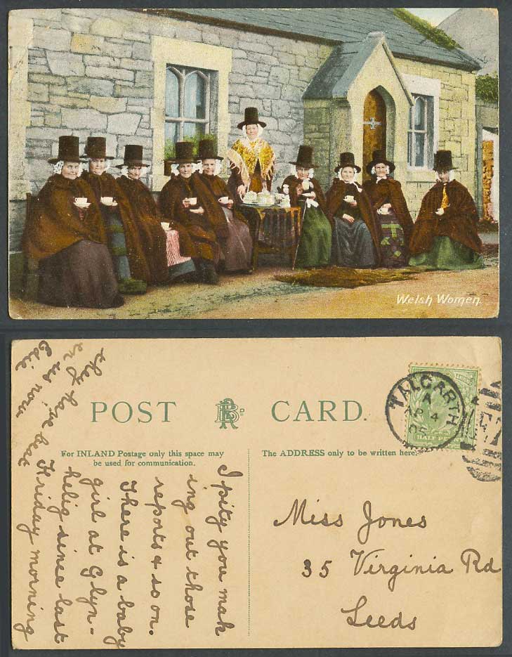 Wales 1905 Old Postcard Welsh Women Ladies, Tea Time Party, Traditional Costumes