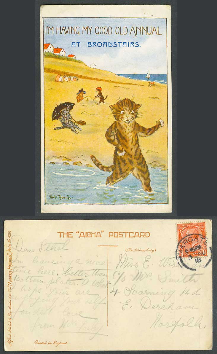 Violet Roberts Artist Signed Cats 1918 Old Postcard Have Good Annual Broadstairs