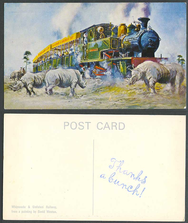 Rhinoceros, Whipsnade & Umfolozi Railway Locomotive Train, David Weston Postcard
