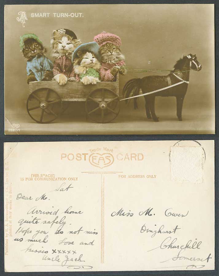 Dressed Cats Kittens on Toy Horse Cart, A Smart Turn-Out Cat Kitten Old Postcard