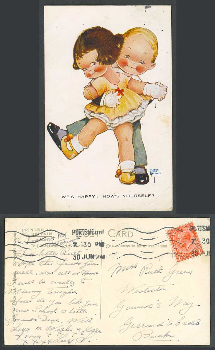 MABEL LUCIE ATTWELL Old Postcard We's Happy How's Yourself? Boy Girl Dancing 802