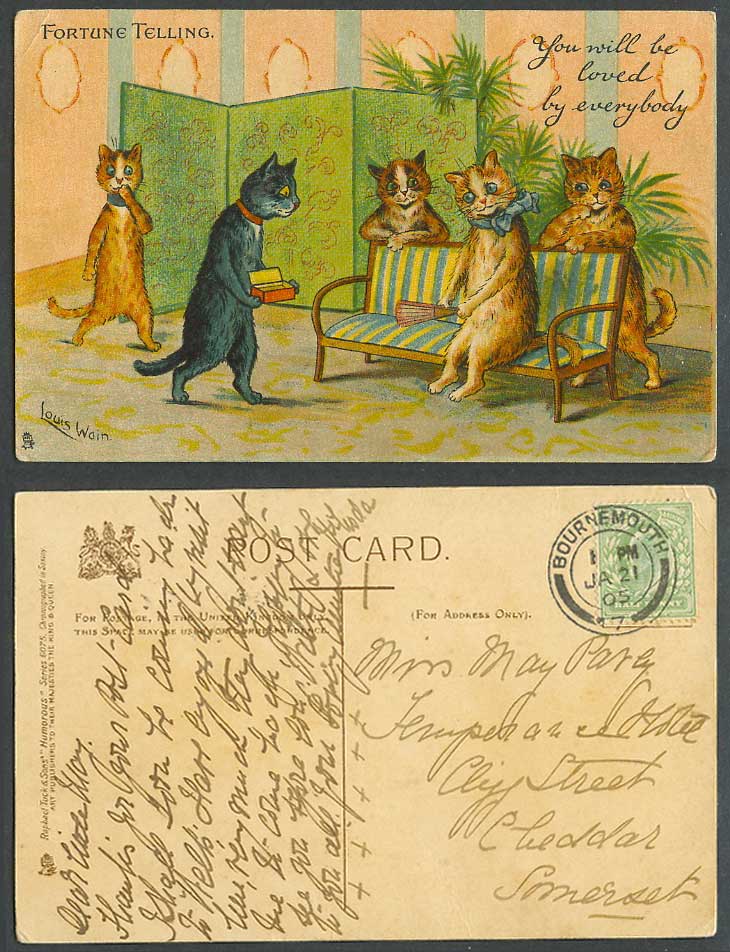 Louis Wain Artist Signed Cats Fortune Telling, You'll be Loved 1905 Old Postcard