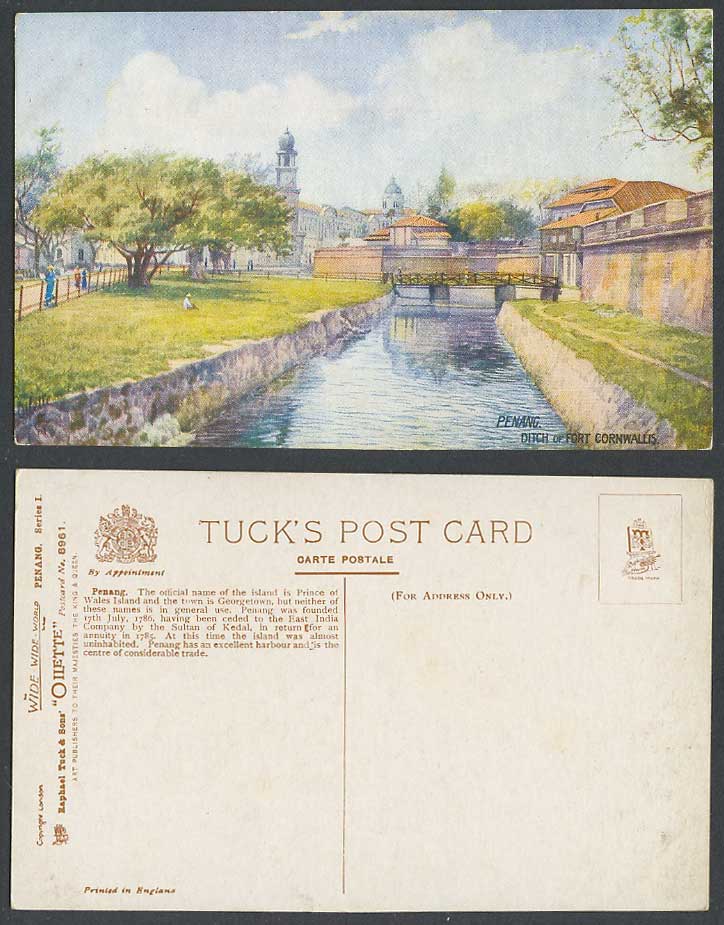 Penang Old Tuck's Oilette Postcard Ditch of Fort Cornwallis, A Bridge over River